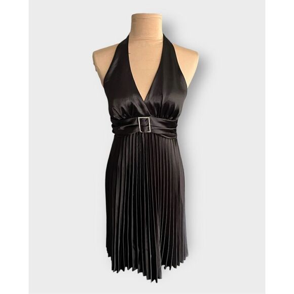 Jimmy Lee Women’s M Pleated Halter Dress with Rhinestone Buckle Black - Picture 1 of 7